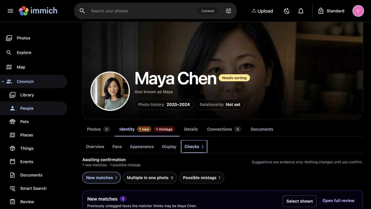 Maya Chen's Identity Checks showing New matches and Possible mistags.