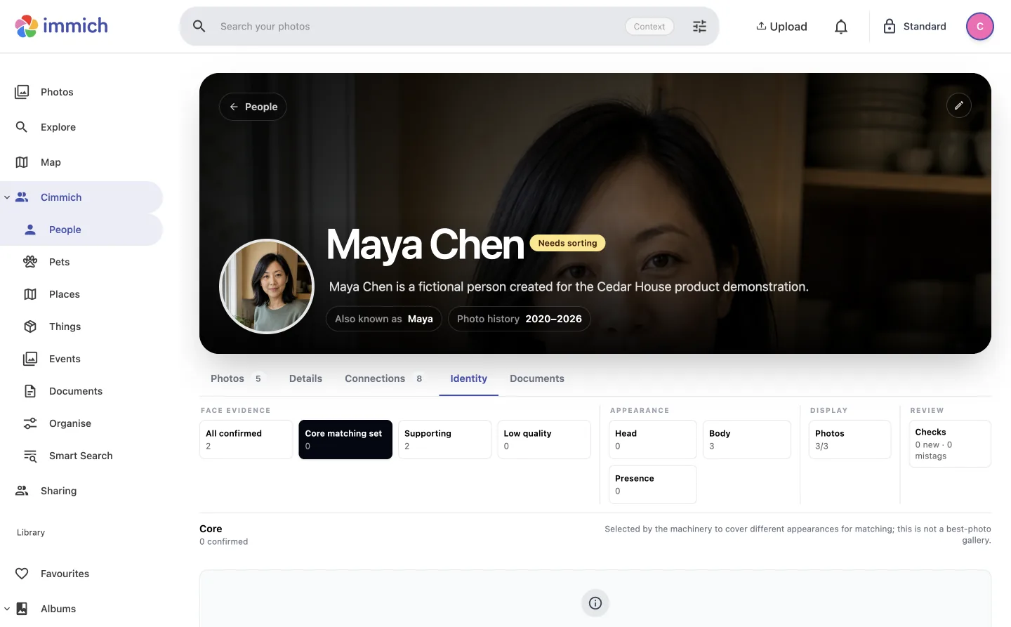 The Identity tab showing accepted Face evidence and separate Appearance categories.