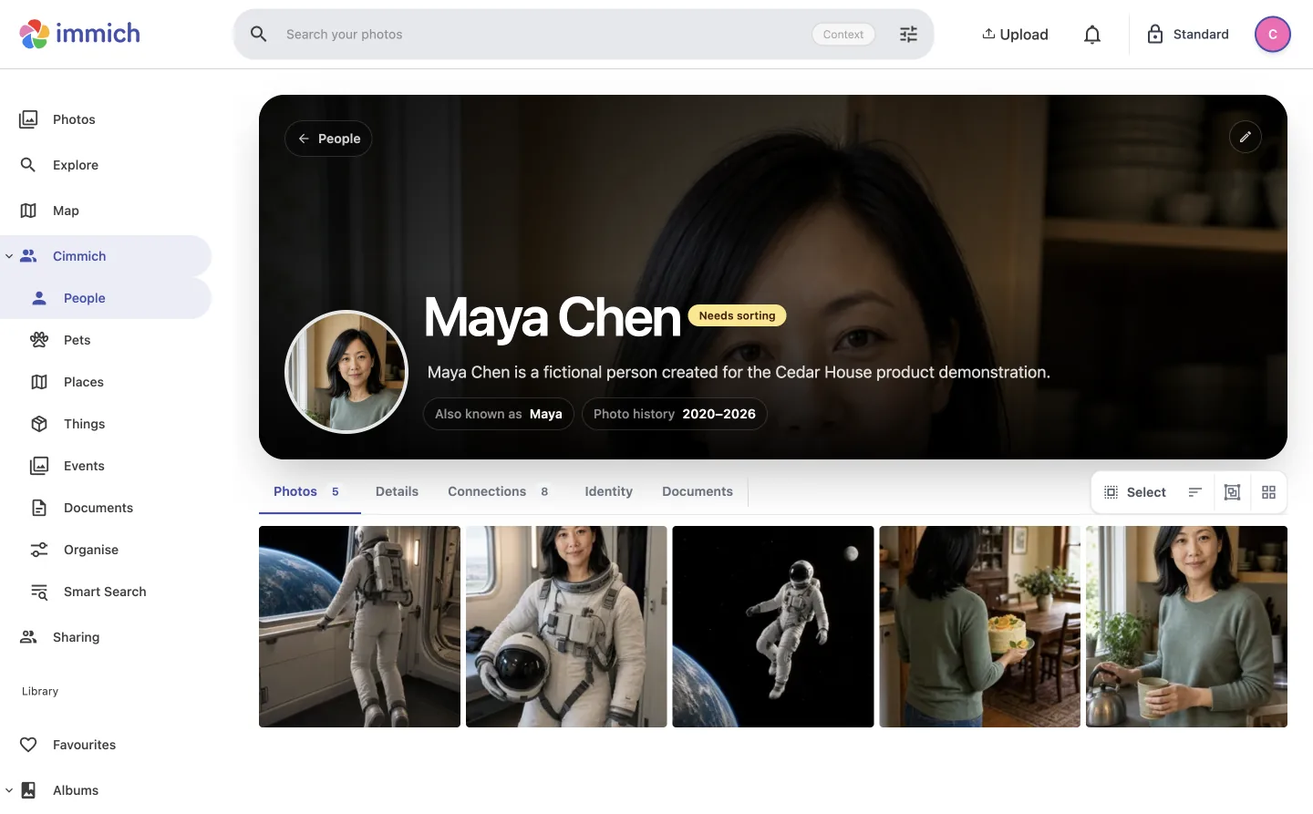 Maya Chen's Cimmich profile bringing her photographs, identity, connections and documents together.